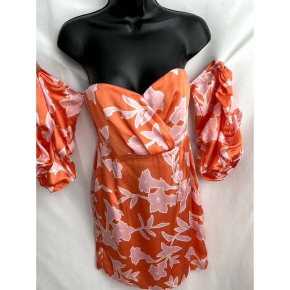 Lulu's Baros Coral Orange Floral Print Off Shoulder Bodycon Dress S Barbie Pink - Picture 1 of 12